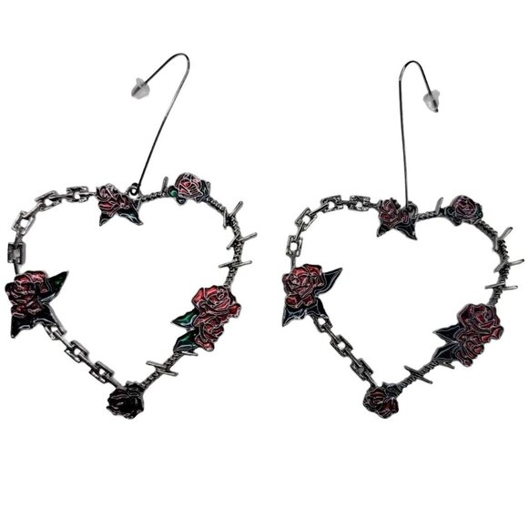 Red Rose And Barbed Wire Heart Earrings - Picture 1 of 3